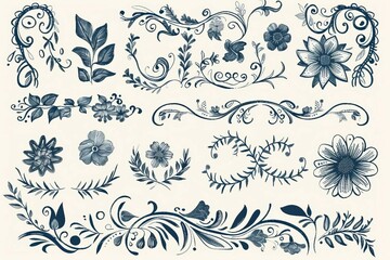 Hand-drawn design elements collection with floral frames, corners, dividers, borders and swirls - obrazy, fototapety, plakaty