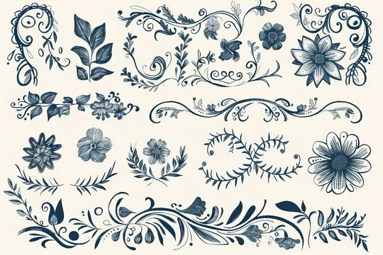 Hand-drawn design elements collection with floral frames, corners, dividers, borders and swirls