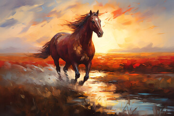 The mustang at sunset jumps on the prairie. Oil painting in impressionism style. Horizontal composition. - obrazy, fototapety, plakaty