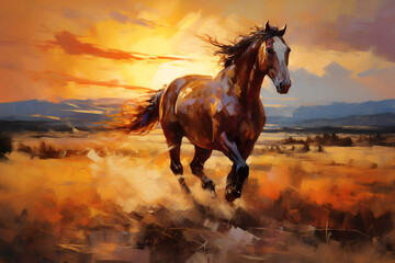 The mustang at sunset jumps on the prairie. Oil painting in impressionism style. Horizontal composition.