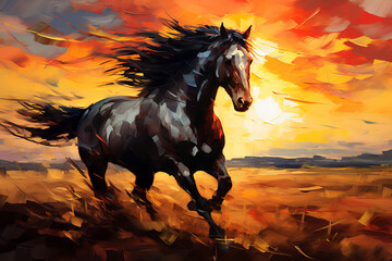 The mustang at sunset jumps on the prairie. Oil painting in impressionism style. Horizontal composition. - obrazy, fototapety, plakaty