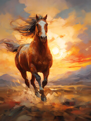 The mustang at sunset jumps on the prairie. Oil painting in impressionism style. Vertical composition. - obrazy, fototapety, plakaty
