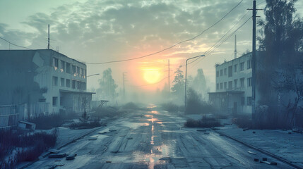Desolate Urban Road in a Dark, Foggy Setting, Evoking a Sense of Mystery and the Unknown in the Citys Heart