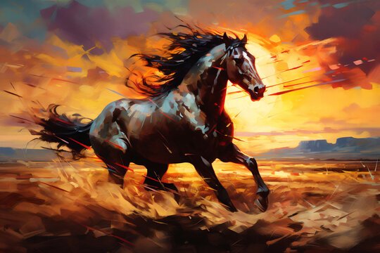 The mustang at sunset jumps on the prairie. Oil painting in impressionism style. Horizontal composition.