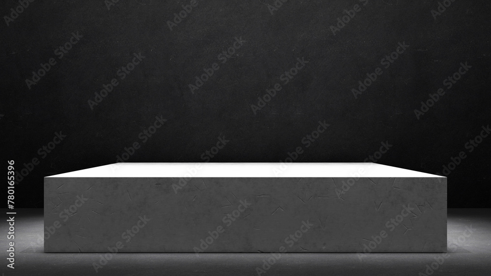 Poster white concrete stone plate on black room background. dark room with concrete or chalkboard texture w