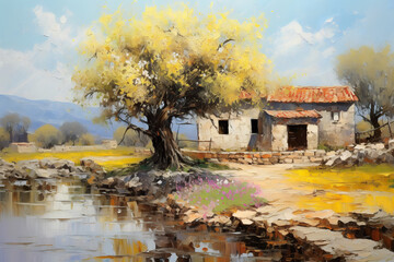 Ancient Greece. Spring landscape. Oil painting in impressionism style. Horizontal composition. - obrazy, fototapety, plakaty