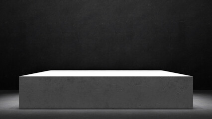White concrete stone plate on black room background. dark room with concrete or chalkboard texture walls and floor with bright spotlight and white empty square podium table mock up. Podium mock up.