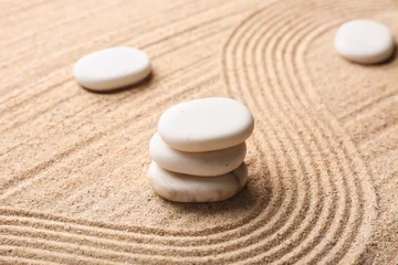 Küchenrückwand glas motiv White stones on sand with lines. Zen concept © Pixel-Shot