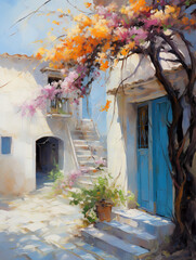 Ancient Greece. Spring landscape. Oil painting in impressionism style. Vertical composition.