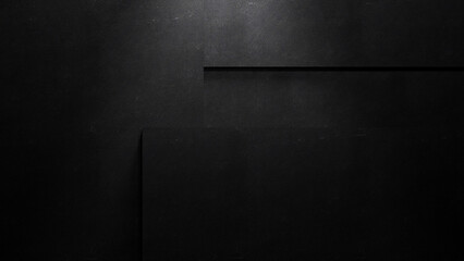 Black abstract forms wall with concrete or chalkboard texture, black textured empty wall and soft spotlight. Hight resolution dark gray background for text or design. Blank black textured surface