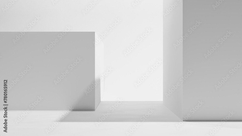 Leinwandbilder White abstract form isolated on white background for design in white empty studio room with bright light and minimalistic shadows. White abstract background geometrical forms, walls and floor empty