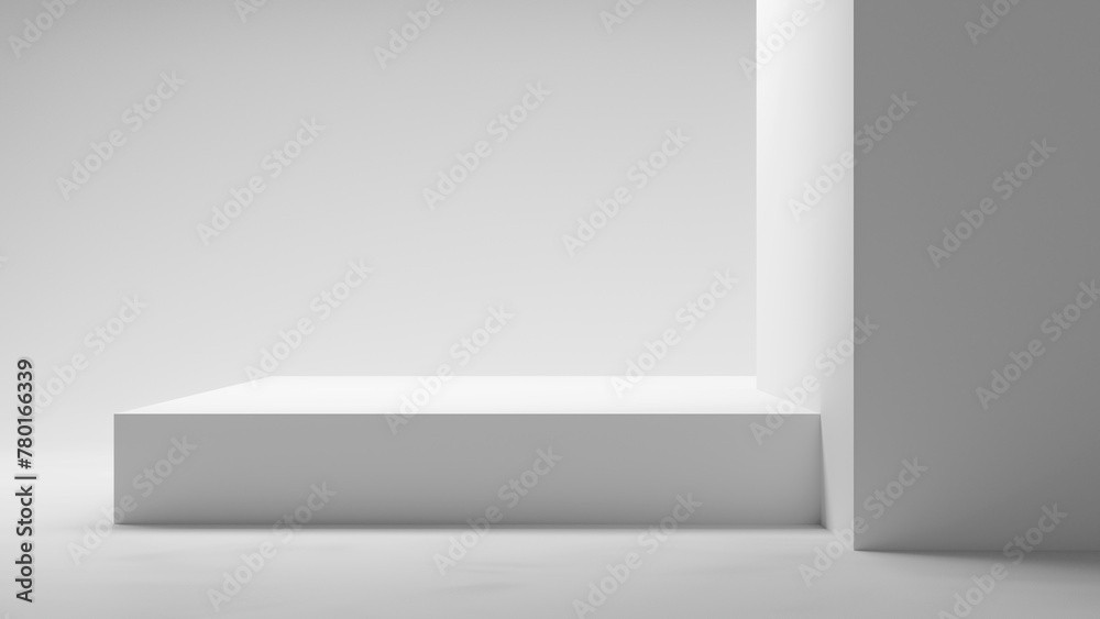 Poster White podium table on white background. 3d geometrical forms walls with spotlight for design, Abstract white background product display, light and shadows. Bright copy space mock up table