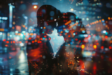Couple in love at night. double exposure photo of a couple and urban City lights. Passion and secret romance. nightlife concept. - obrazy, fototapety, plakaty