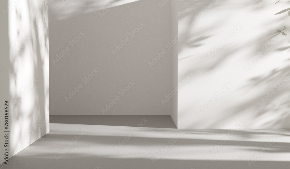 Poster empty abstract white room studio with sunlight and trees shadows, empty room space mock up display white walls and gray cement floor