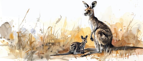 A serene watercolor painting of a mother kangaroo with her joey - obrazy, fototapety, plakaty