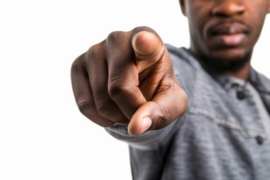 African American male hand pointing with index finger, isolated gesture on white