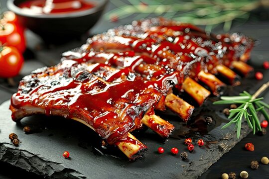 A mouth-watering display of juicy BBQ ribs with sauce glazing the surface