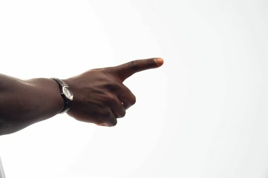 African American male hand pointing with index finger, isolated gesture on white