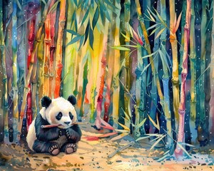 A whimsical watercolor scene of a panda munching on colorful bamboo - obrazy, fototapety, plakaty