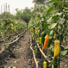 An experimental garden where chillies are cross-bred to create new varieties - obrazy, fototapety, plakaty