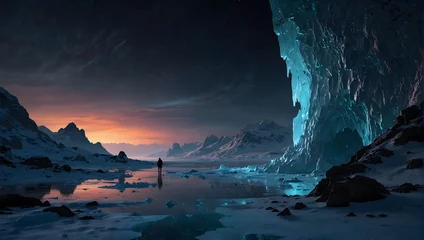 Draagtas A detailed landscape of an ice-covered exoplanet, with explorers analyzing samples near a glowing, bioluminescent cave entrance Generative AI © Haroon