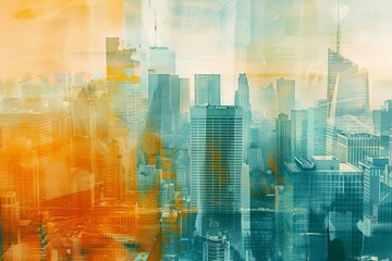 Abstract urban cityscape watercolor illustration, double exposure skyscrapers in orange and teal