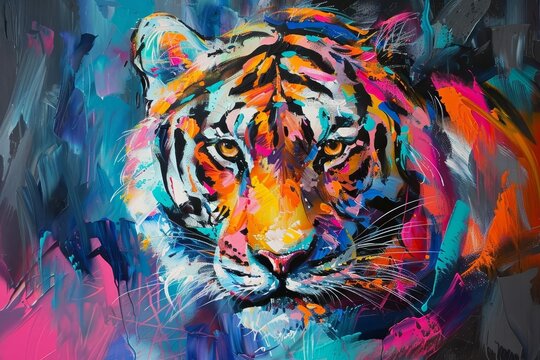 Colorful abstract tiger portrait, palette knife oil acrylic painting on canvas