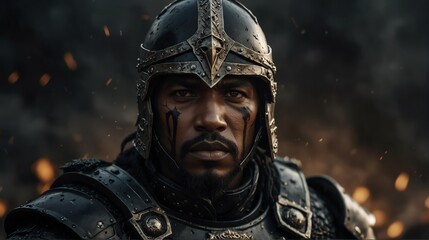 a black theme warrior general with armor portrait on middle of a battle ground fight from Generative AI