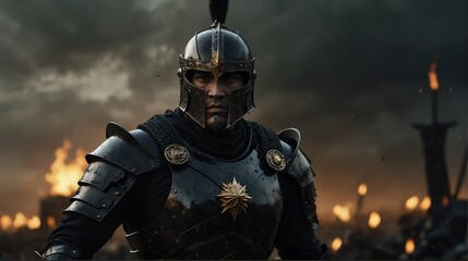 a black theme warrior general with armor portrait on middle of a battle ground fight from Generative AI