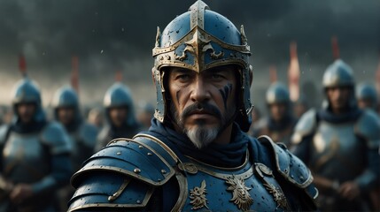 a blue theme warrior general with armor portrait on middle of a battle ground fight from Generative AI - obrazy, fototapety, plakaty