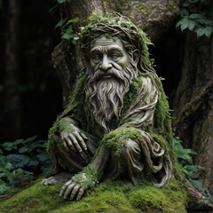 Fototapeta na wymiar venerable statue adorned with moss, ivy, and roots, embodying nature's wisdom.