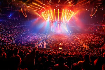 Crowded concert hall with stage lights and audience, live music performance scene
