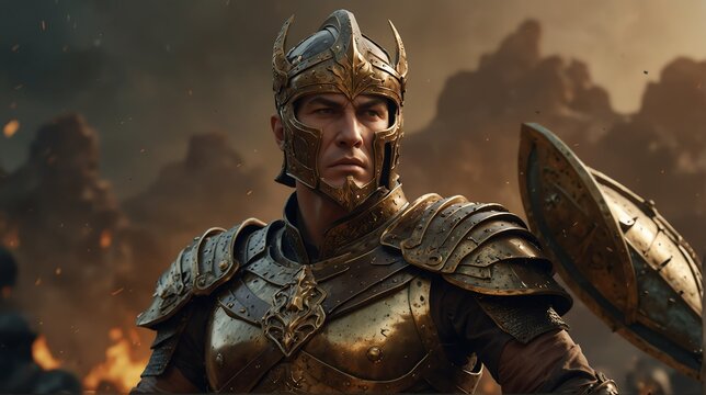 a bronze theme warrior general with armor portrait on middle of a battle ground fight from Generative AI