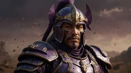 a purple theme warrior general with armor portrait on middle of a battle ground fight from Generative AI