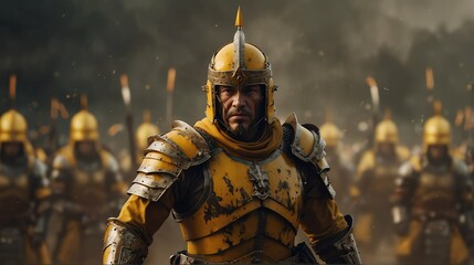 a yellow theme warrior general with armor portrait on middle of a battle ground fight from Generative AI - obrazy, fototapety, plakaty