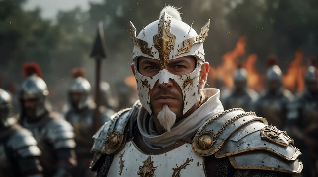 a white theme warrior general with armor portrait on middle of a battle ground fight from Generative AI