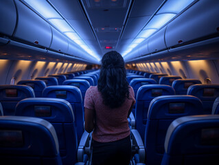 Woman sitting in an airplane, view from behind her looking at the empty seats in front of her