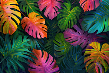 Gradient Tropical Leaves Illustration Realistic Monstera Foliage in Bright, Vivid Colors