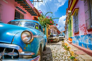 Vintage cars parked on a colorful old-fashioned street in Cuba, travel photography - obrazy, fototapety, plakaty