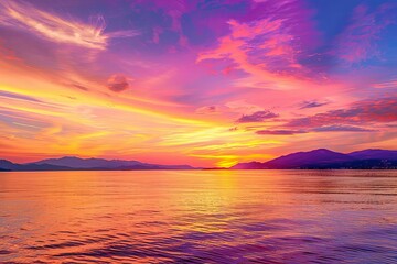 Vibrant fiery sunset sky with orange, pink, purple and yellow colors, panoramic landscape