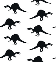 Vector seamless pattern of flat hand drawn spinosaurus dinosaur silhouette isolated on white background