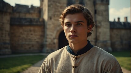a young servant guy portrait on medieval era castle background from Generative AI - obrazy, fototapety, plakaty