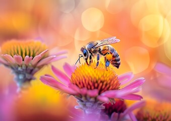 A bee sitting on top of an orange and yellow hada flower with other flowers in the background