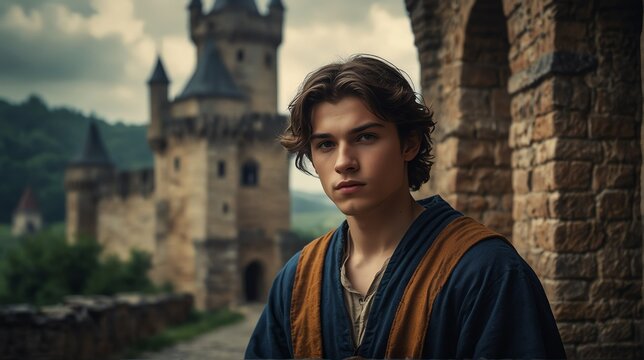 a young wizard portrait on medieval era castle background from Generative AI
