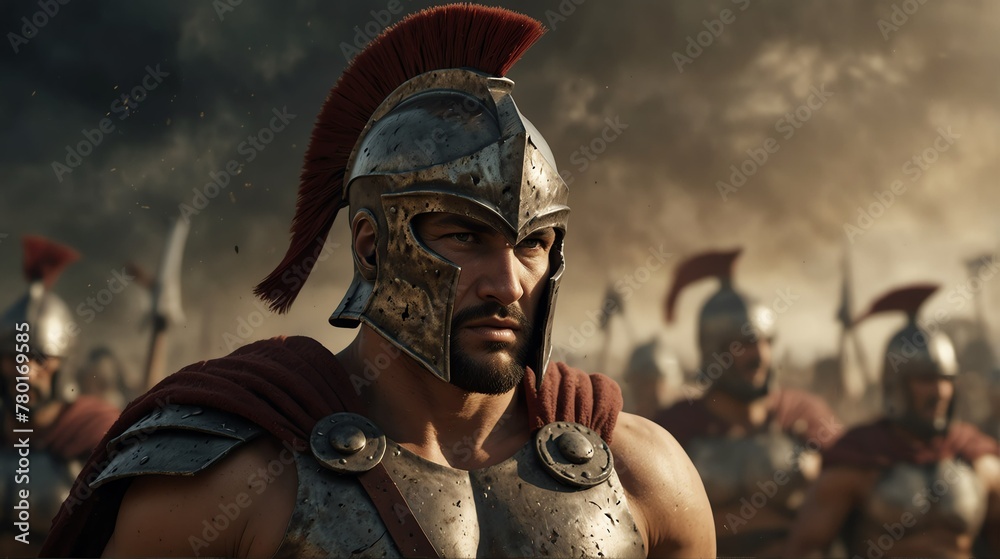 Wall mural a spartan warrior portrait on middle of a battle ground fight from Generative AI