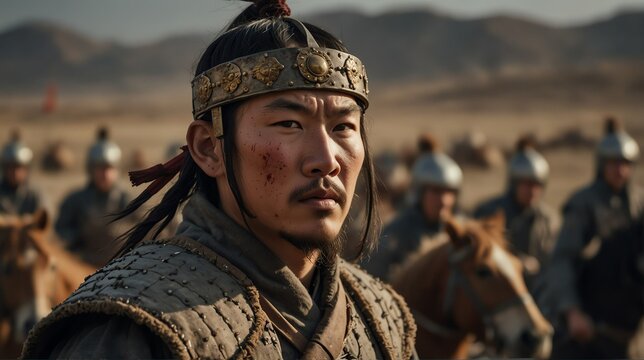 a mongol warrior portrait on middle of a battle ground fight from Generative AI
