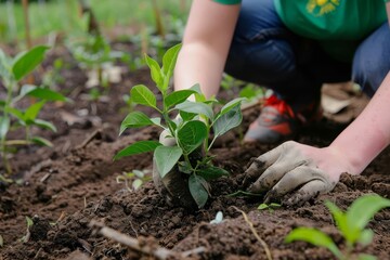 Person Holding Plant in Dirt, Planting Trees for Green and Sustainable Future - obrazy, fototapety, plakaty