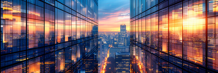 Futuristic City at Dusk, Capturing the Essence of Urban Innovation and Architectural Beauty with Skyscrapers Illuminated Against the Sky