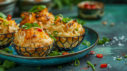 baskets with chicken and cheese on blue plate, front photo, green background, food photography