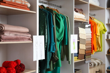Shelves with clothes and sketches in atelier - obrazy, fototapety, plakaty